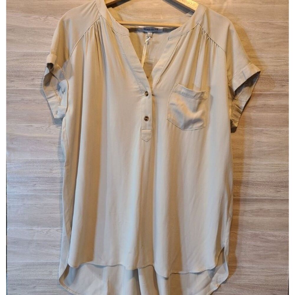 NWT Rose Olive Womens L Cream Cap Sleeve High Low Hem Rayon Blouse Pocket Top